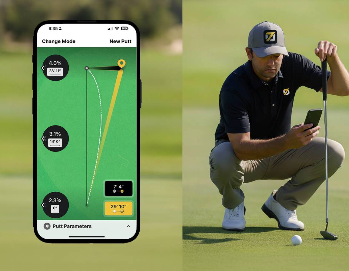 A golfer kneels on the putting green, analyzing his upcoming putt while holding a smartphone displaying the BRK70 app in Full Aim Mode. The app screen shows slope percentages, distance, and a precise aim line to guide the putt