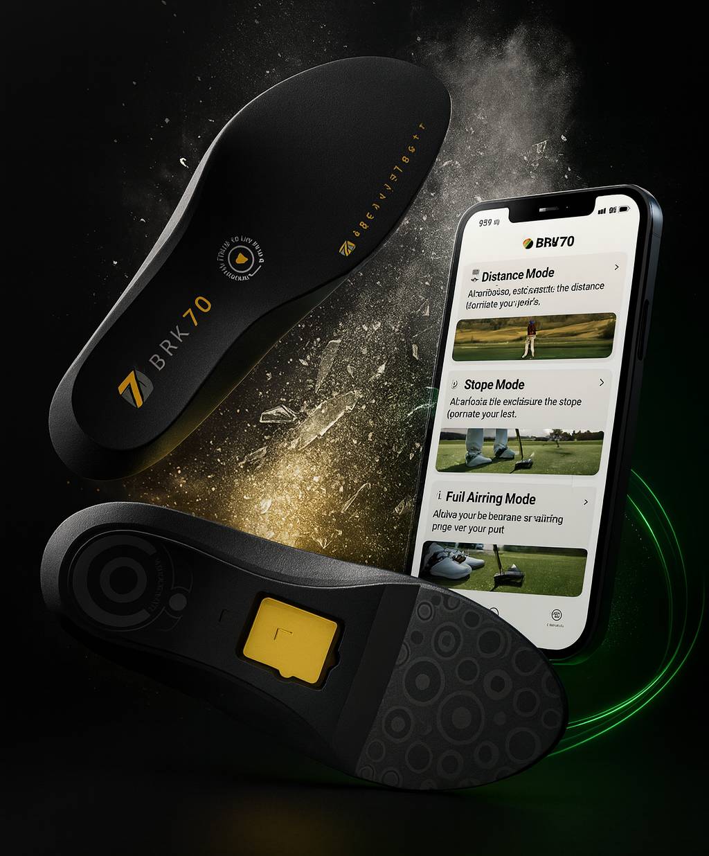 Black shoe insoles with BRX-70 branding and a smartphone displaying app features on a dark background.