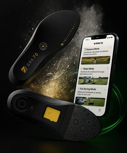 Black shoe insoles with BRX-70 branding and a smartphone displaying app features on a dark background.