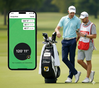 A golfer and his cady on a golf course with a smartphone app displaying the BRK70 golf app in measurement mode.