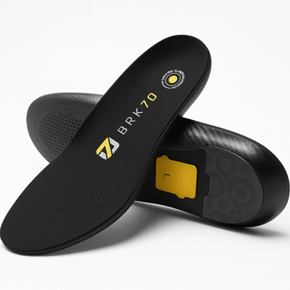 Black smart golf insoles featuring the 'BRK 70' branding on a clean white background. These high-tech insoles measure slope, distance, and provide an accurate aiming point to enhance every putt.