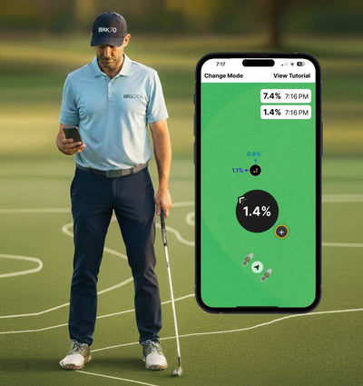 A golfer stands on the putting green, holding a smartphone in one hand. The screen displays an app showing a detailed map of the slope beneath his feet, highlighting the subtle inclines and contours of the green.